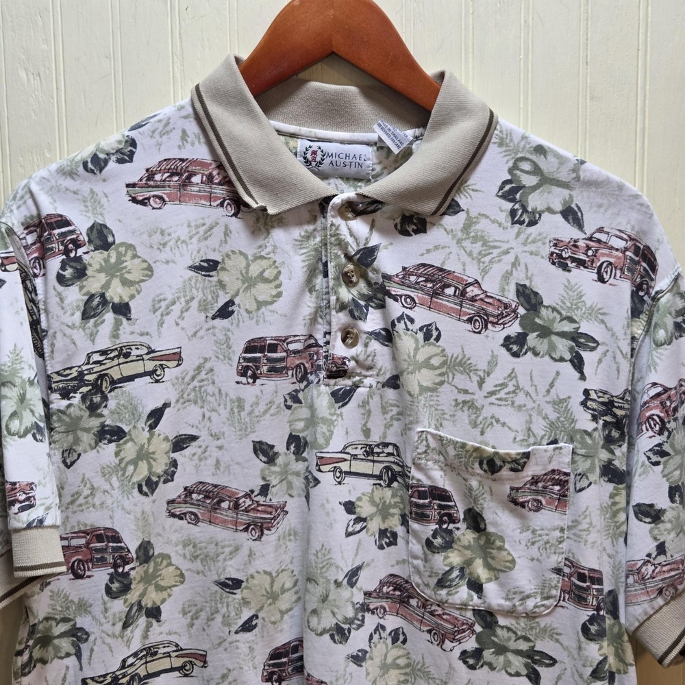 Michael Austin Polo Shirt Mens L Multicolor Floral Car Print Cotton Blend Top